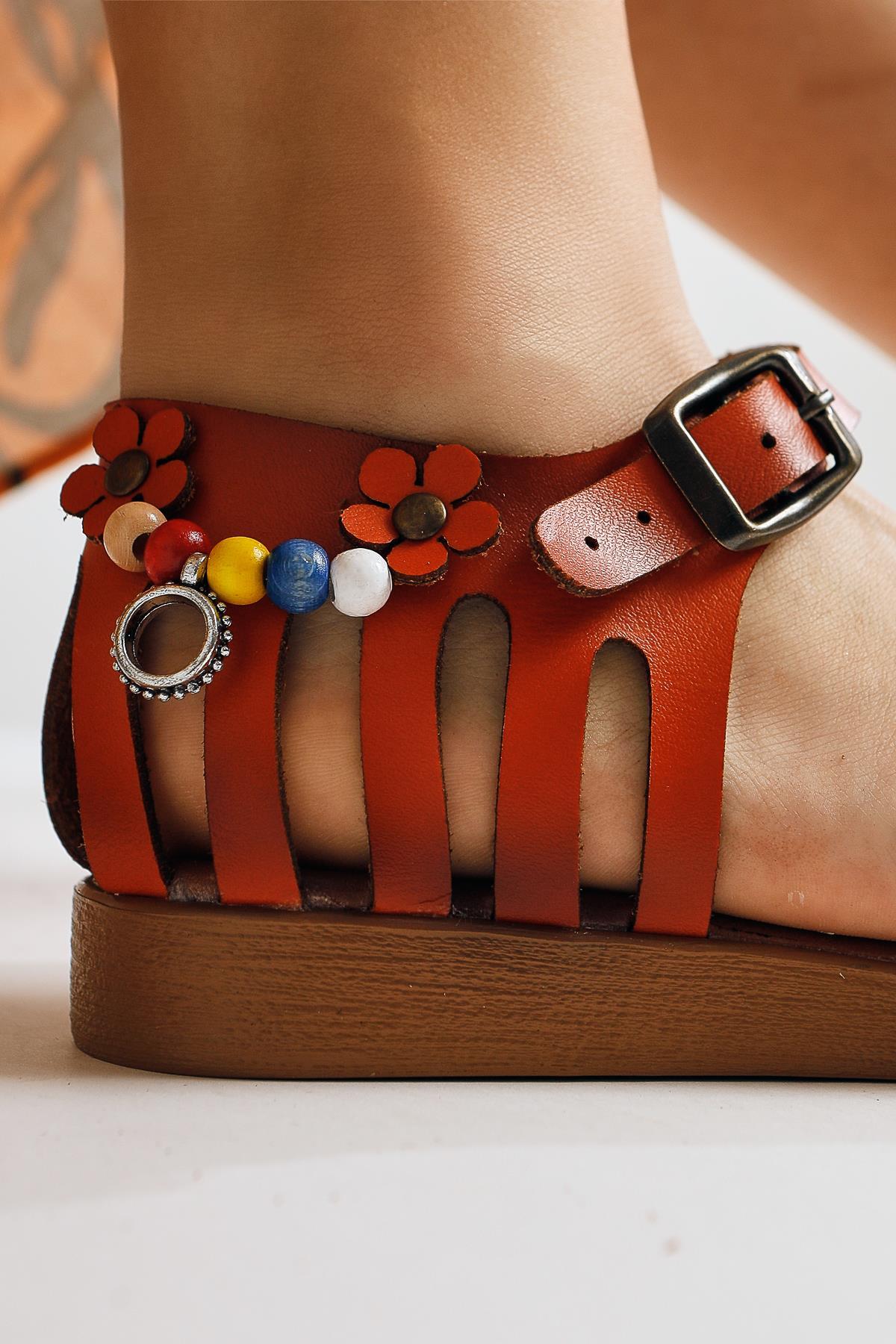 Alize Genuine Leather Orange Sandal with Bead and Leaf Details