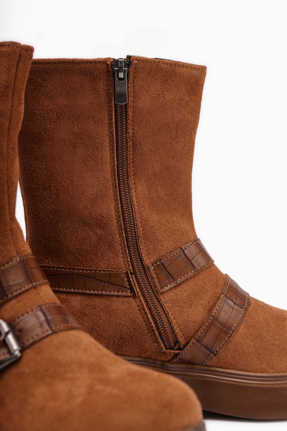 Mieke Tan Suede Double Buckle Zipper Women’s Boots