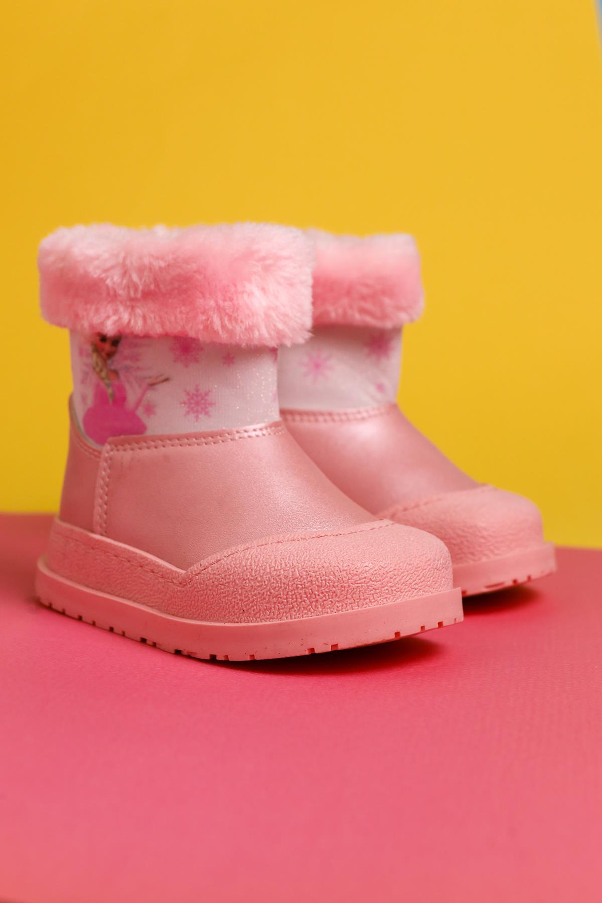 Elea Powder Pink Striped Character Print Fur-Lined Baby Boots
