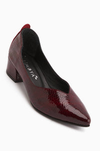Samia Genuine Leather Burgundy Snake Pattern Thick Heeled Women’s Shoes