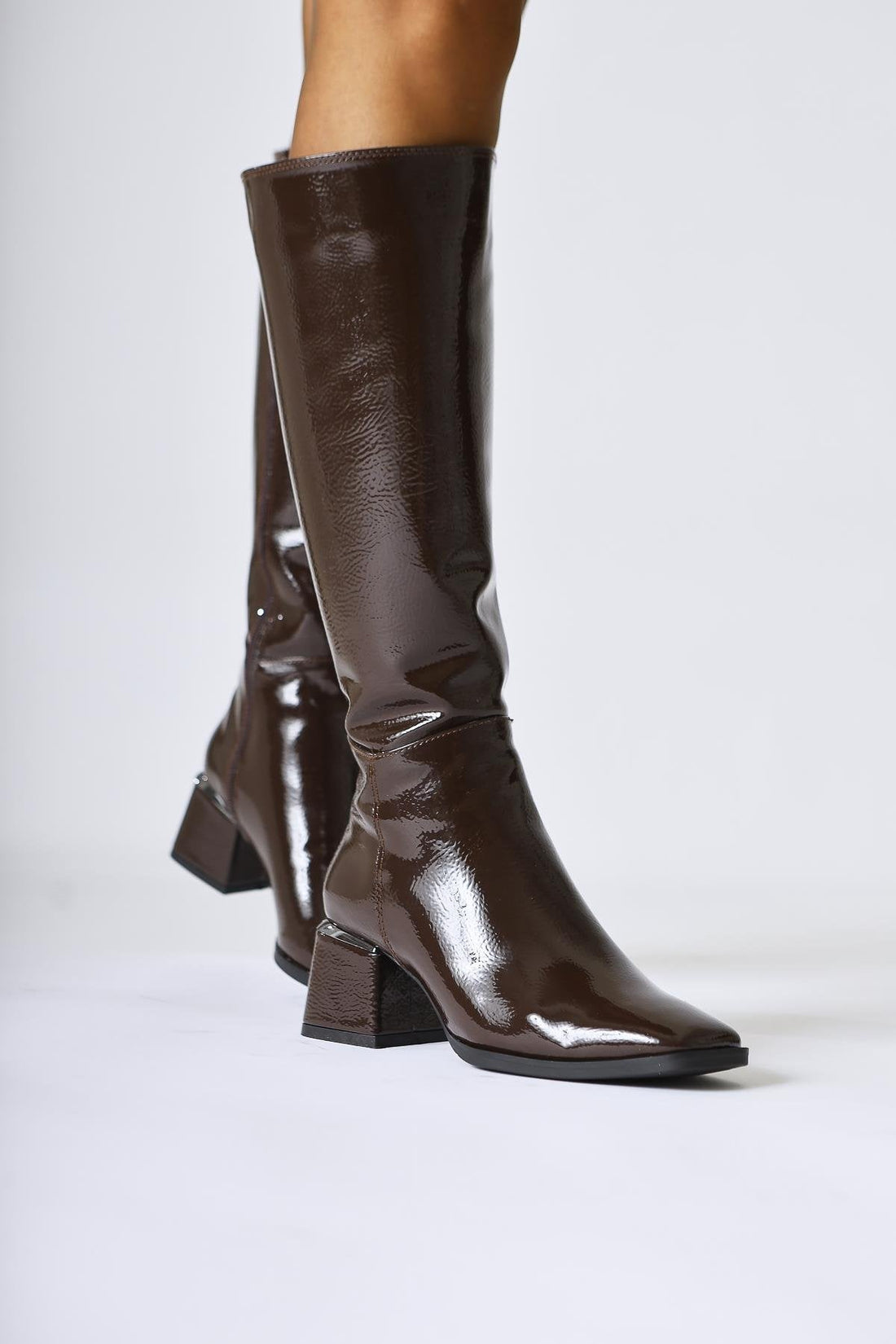 Miami Brown Patent Leather Square Toe Boots