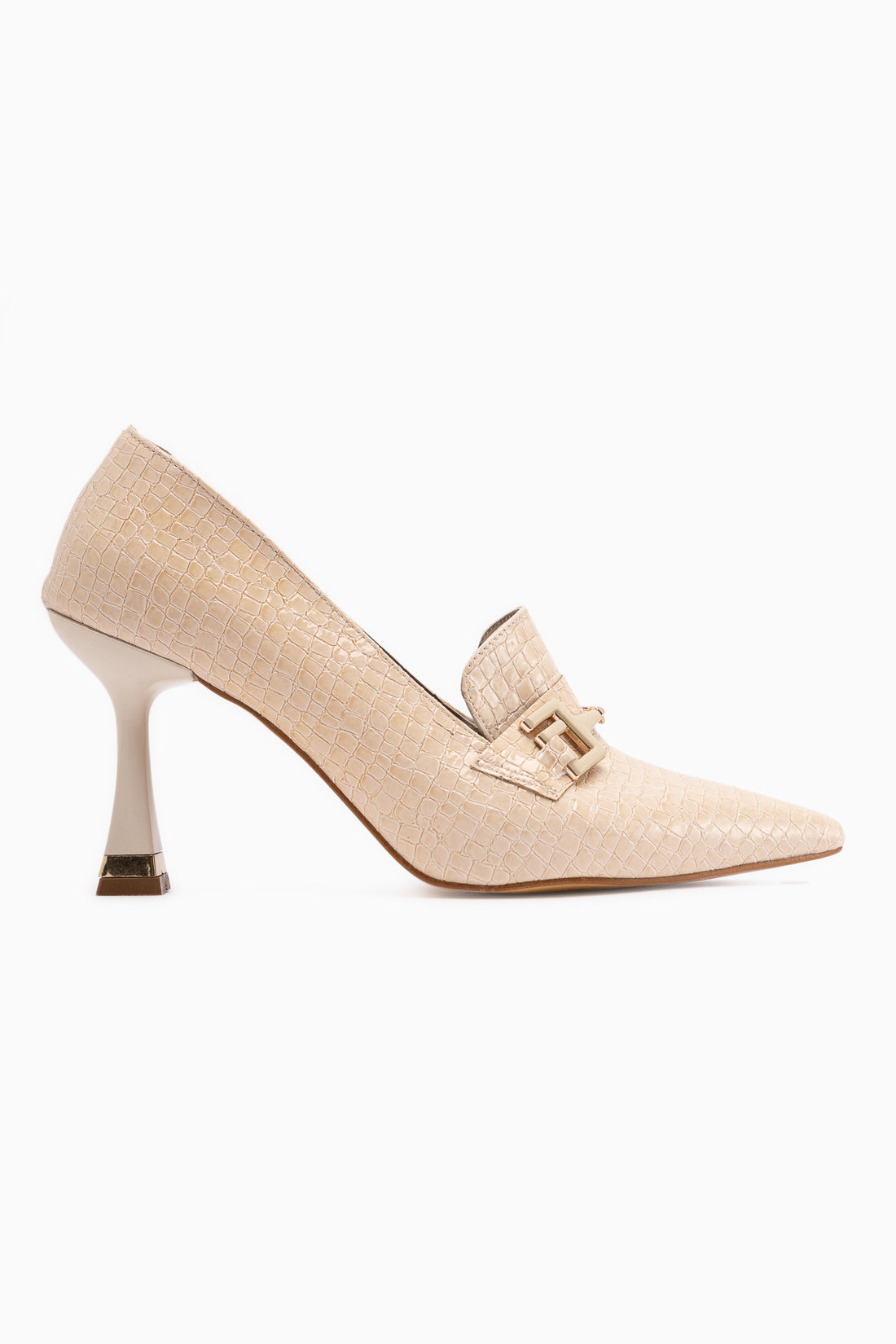 Stiliani Beige Crocodile Print Leather Buckle Detailed Women’s Heeled Shoes