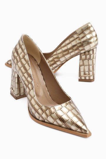 Lucy – Cream Croc-Embossed Block Heel Stiletto Shoe (Women)