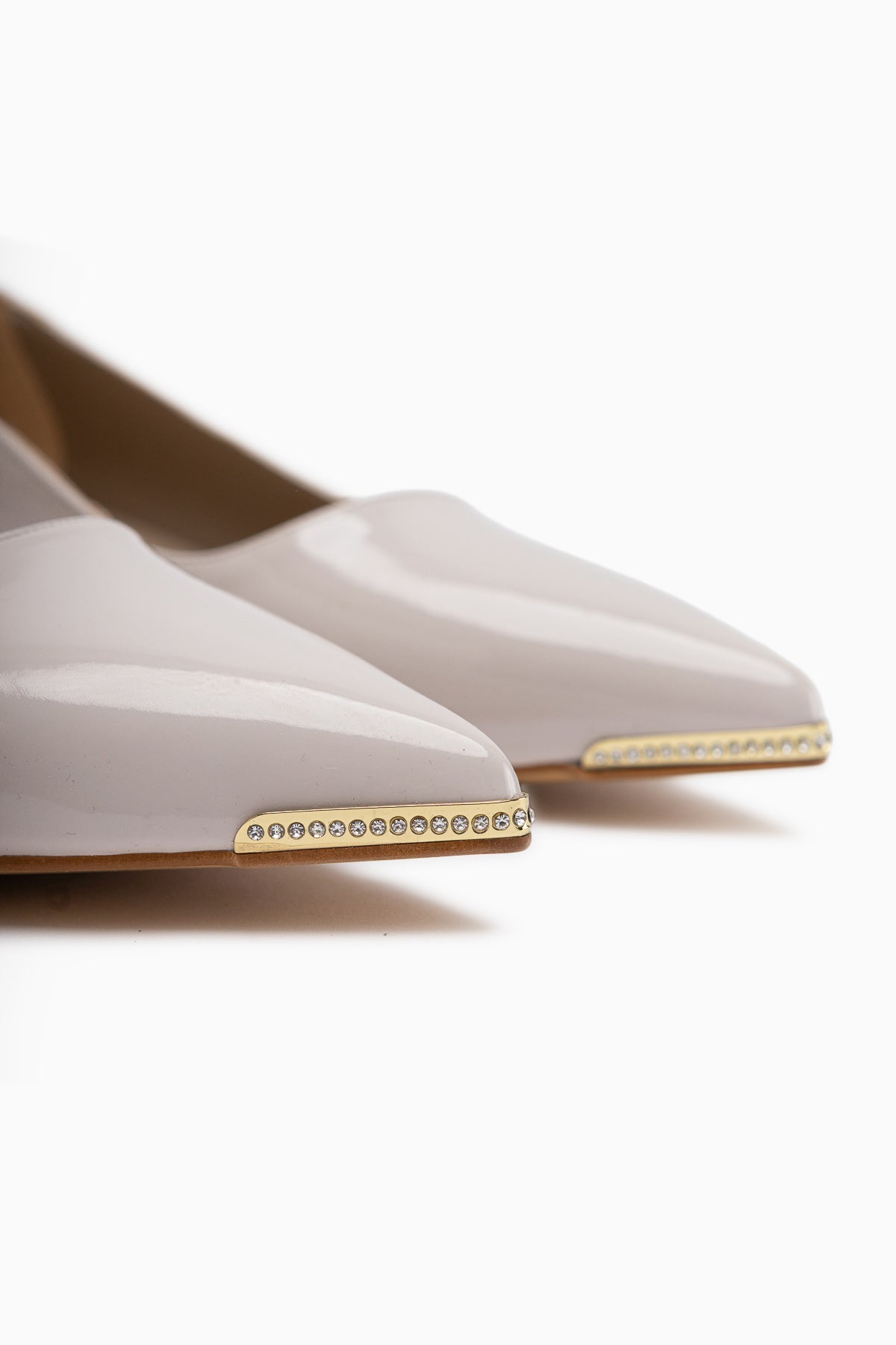 Alica Beige Patent Pointed Toe Short Heeled Women’s Shoes with Stone Details
