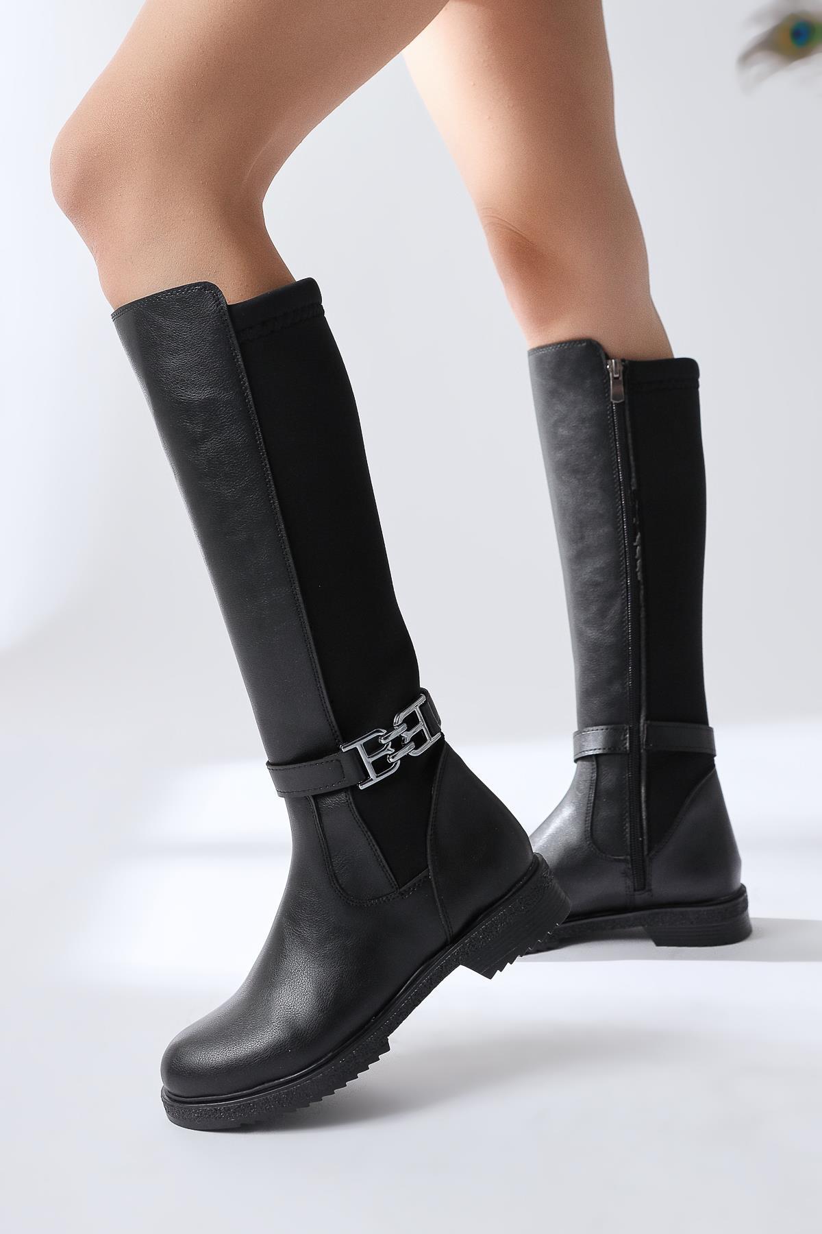 Mountaha – Black Neoprene Cuff Accessory-Detail Low-Heel Knee-High Boot (Women)