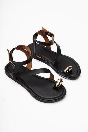 Anisa Black Cross-Strap Buckled Thong Women's Sandals