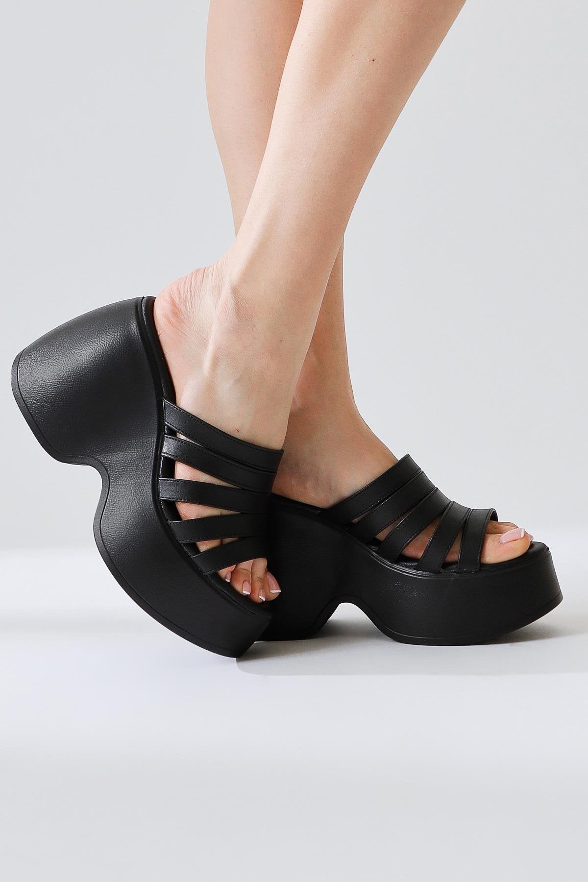 Margarit Black Thin Strap Platform Slide with Chunky Heel