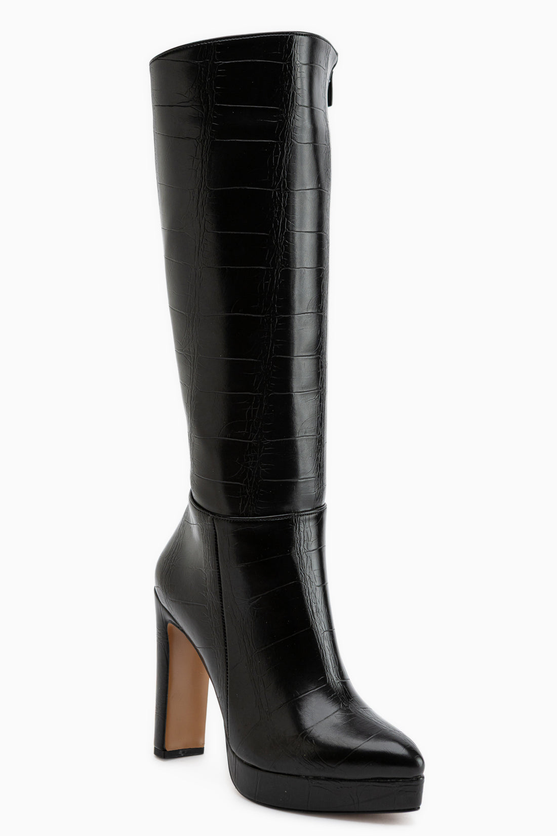 Ariya Black Crocodile Platform Heeled Zipper Women’s Boots