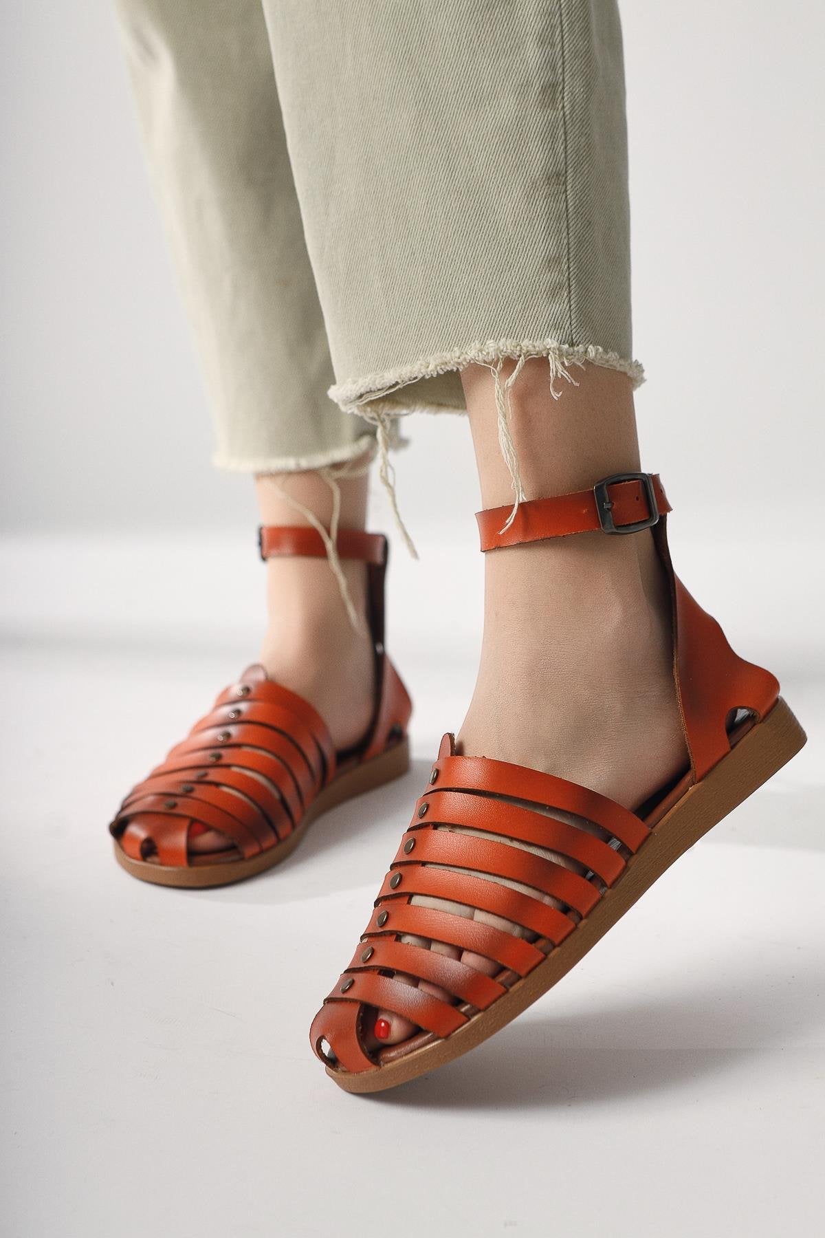 Helen Genuine Leather Orange Toe-Covering Bodrum Sandals