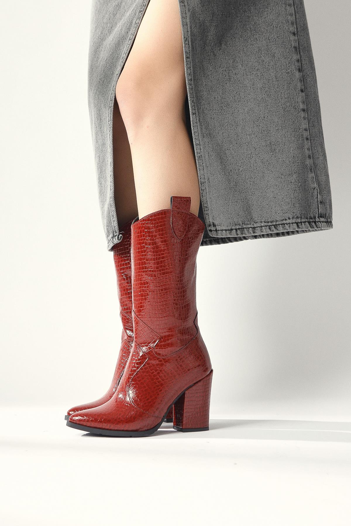 Keri – Burgundy Croc-Embossed Asymmetric-Cut Heeled Short Knee-High Boot (Women)