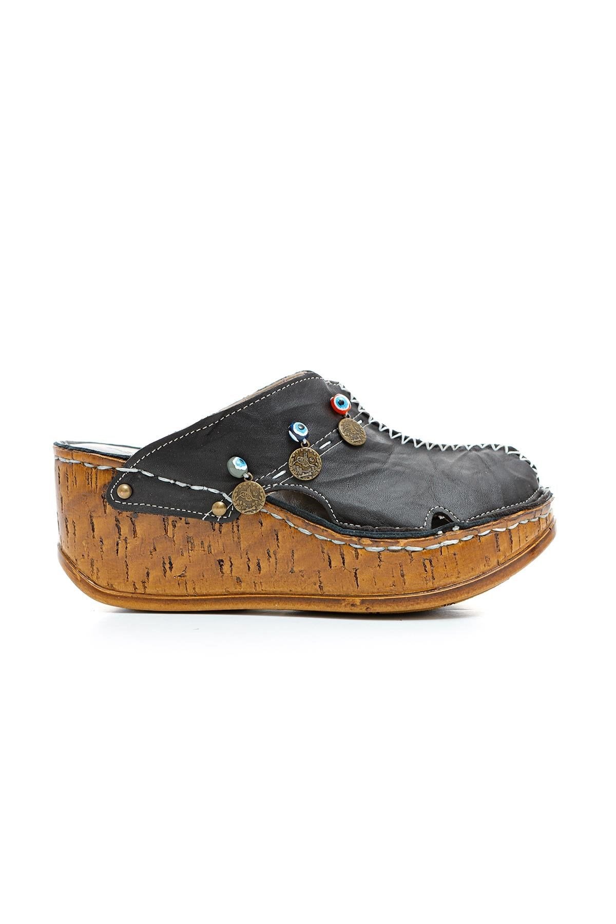 Annika Genuine Leather – Black Antique Detail Wedge Clog Slide (Women)