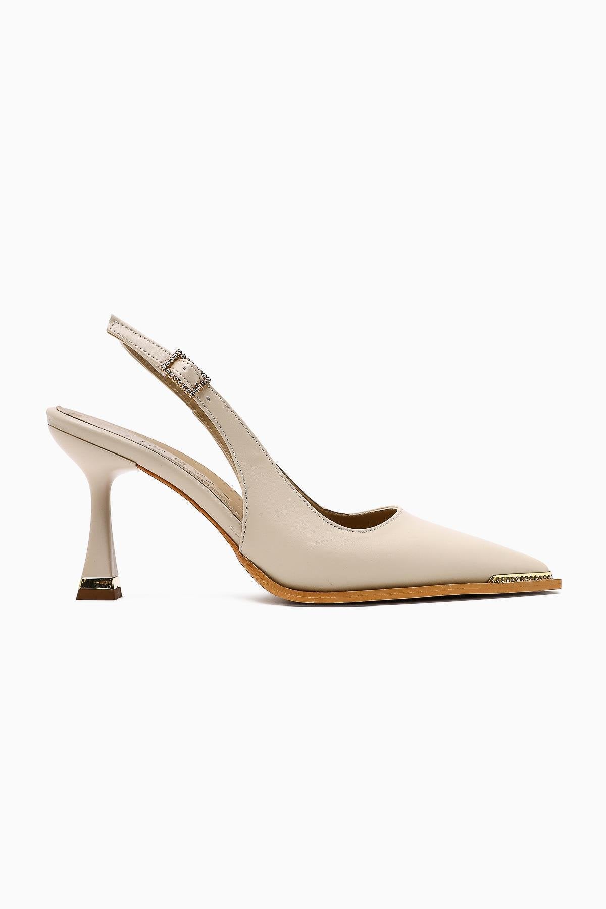 Vita Beige Stone Detailed Closed Toe Women’s Heeled Shoes