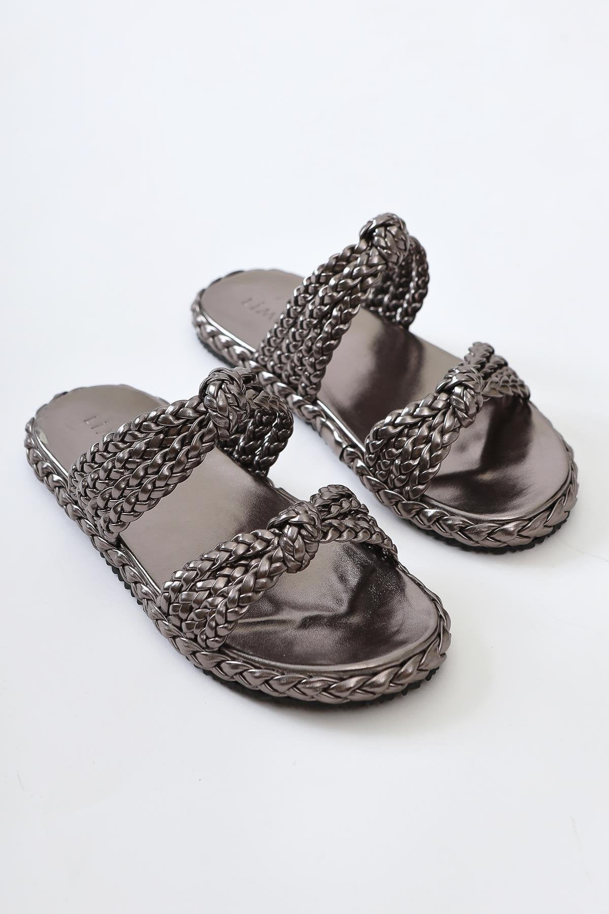 Nessa Platinum Patent Woven Strap Slippers