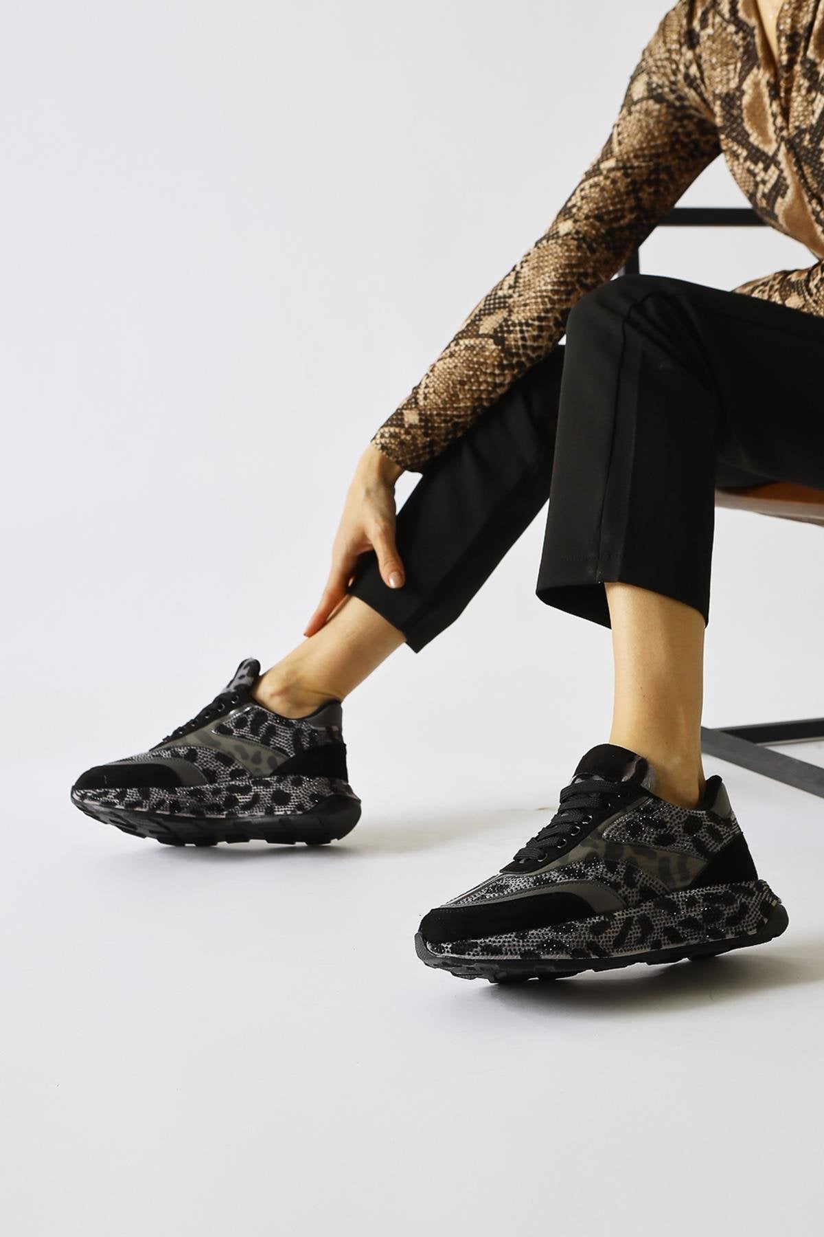 Kada Gray Leopard Print Sneakers with Gem Detail