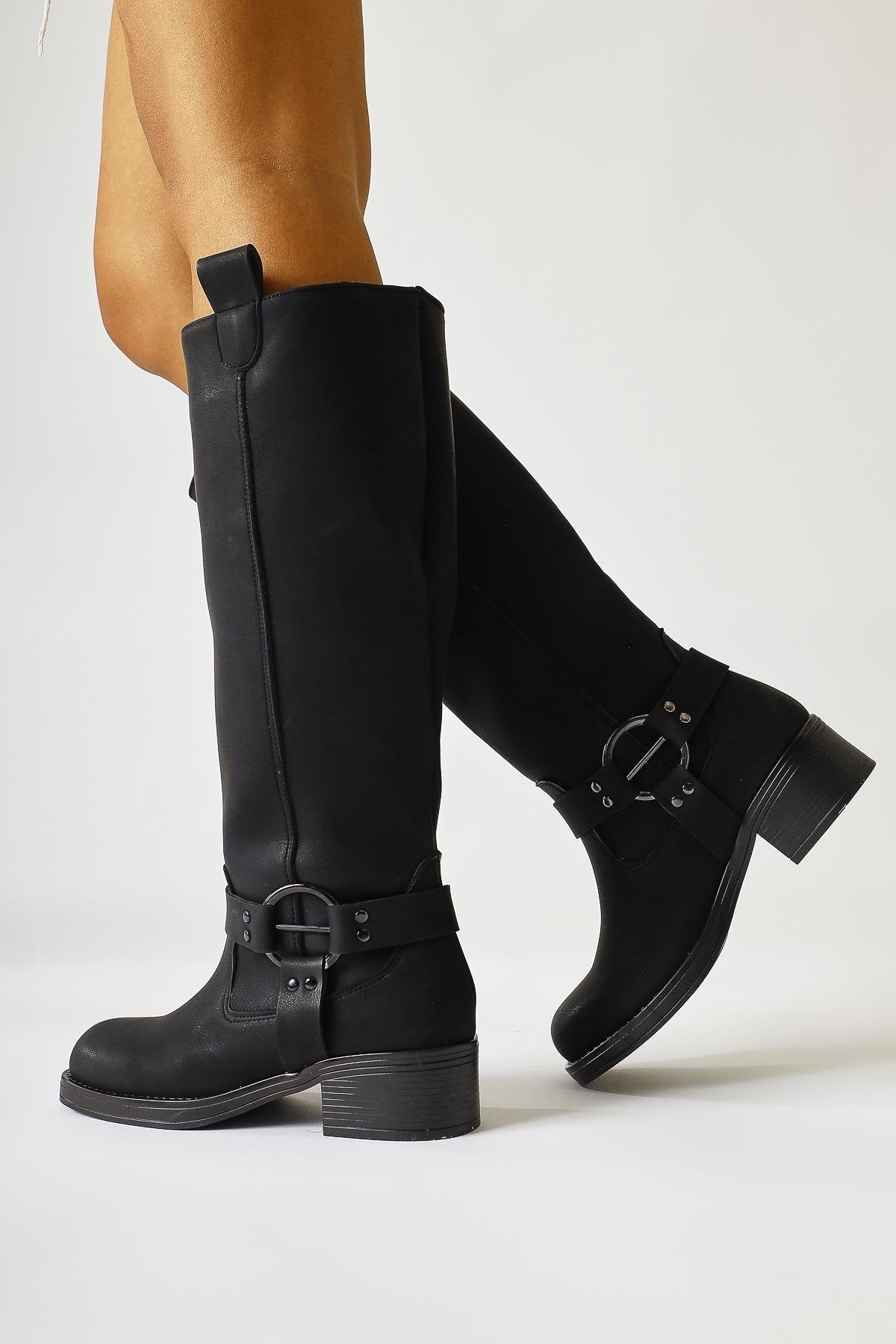 Soleil Black Pull-On Boot with Belt Detail