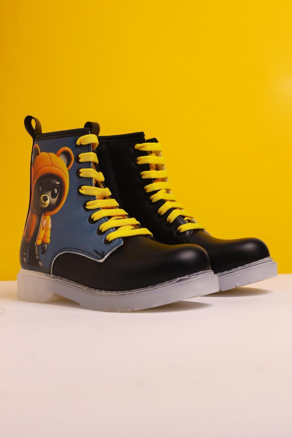 Doreen Black Striped Character Print Lace-Up Kids' Boots