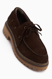 Matina Genuine Leather Brown Suede Lace-Up Thick Sole Women’s Loafer Shoes
