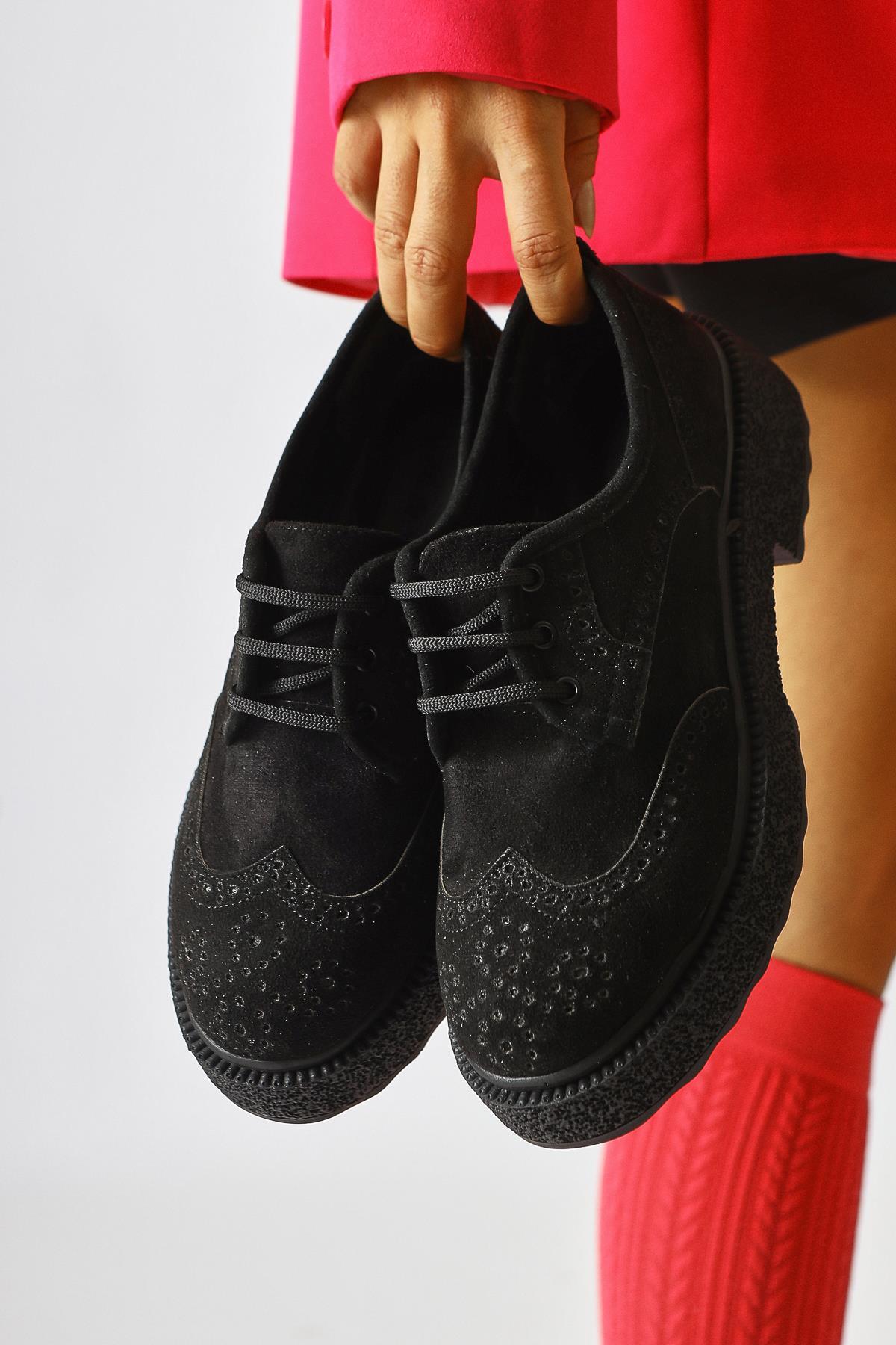 Rossy Black Suede Oval-Toe Laser Cut Casual Shoes