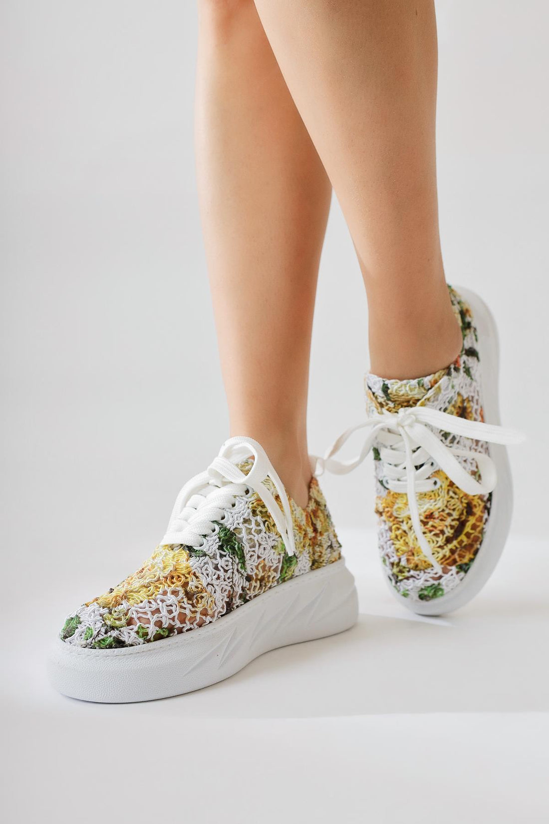 Biba Yellow Knit Pattern Printed Lace-Up Sneakers
