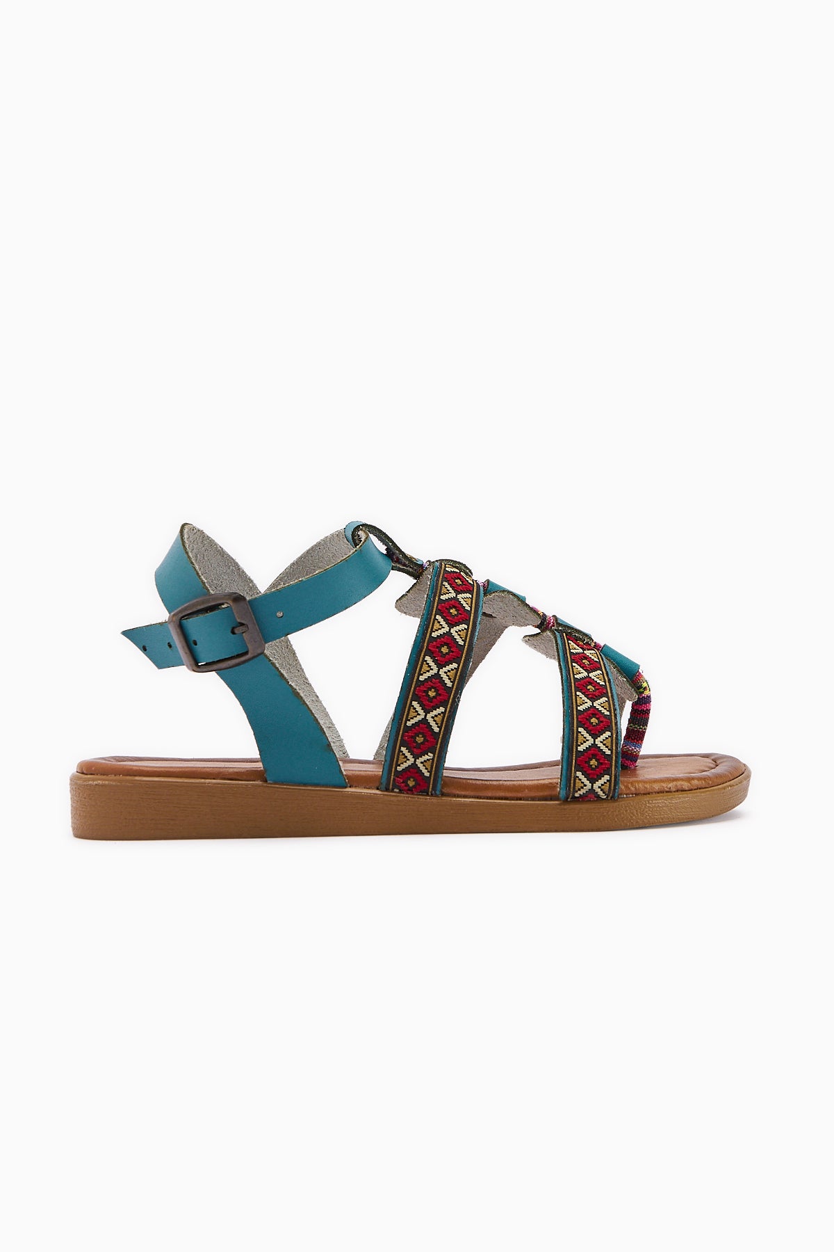 Genuine Leather Heam Turquoise Ethnic Patterned Women’s Sandal
