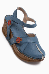 Genuine Leather Katlyn Navy Flower Detailed Women’s Closed Toe Wedge Sandal