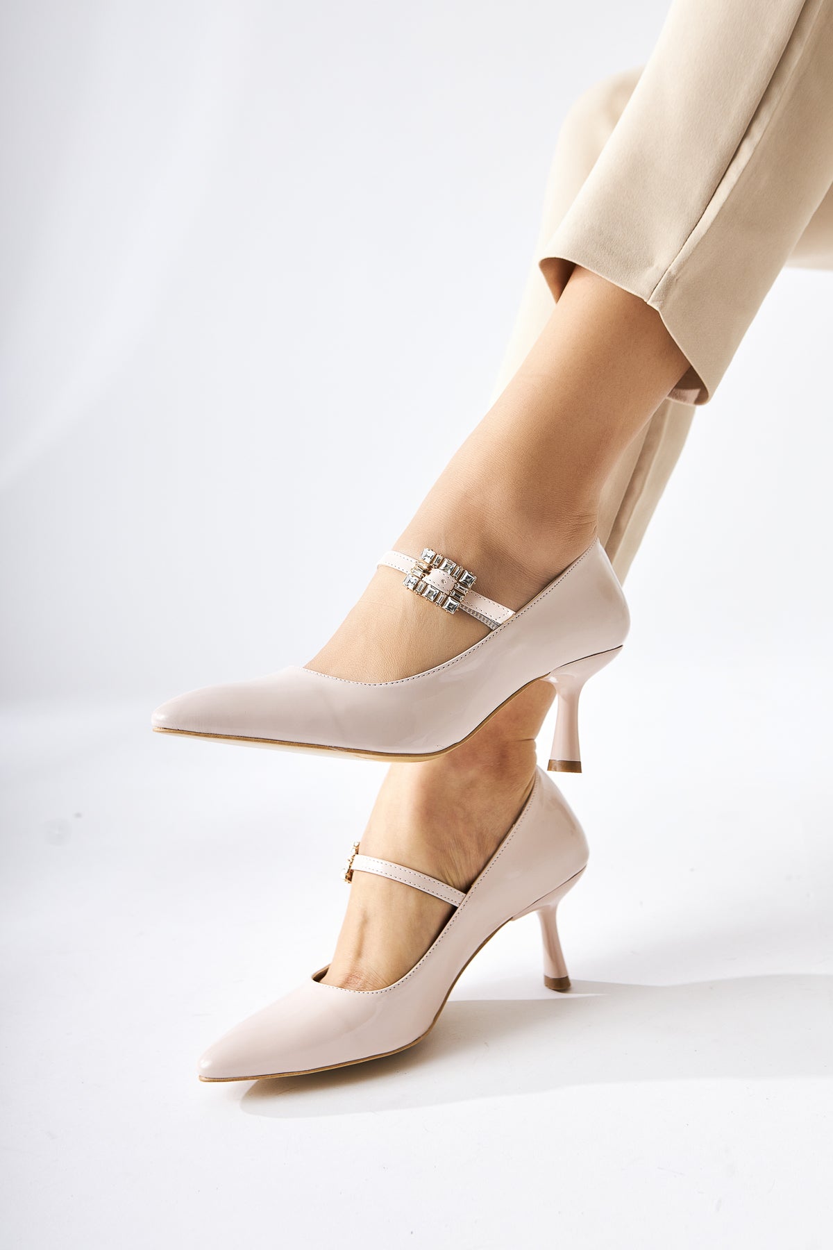 Maria Beige Patent Buckled Women’s Heeled Shoes