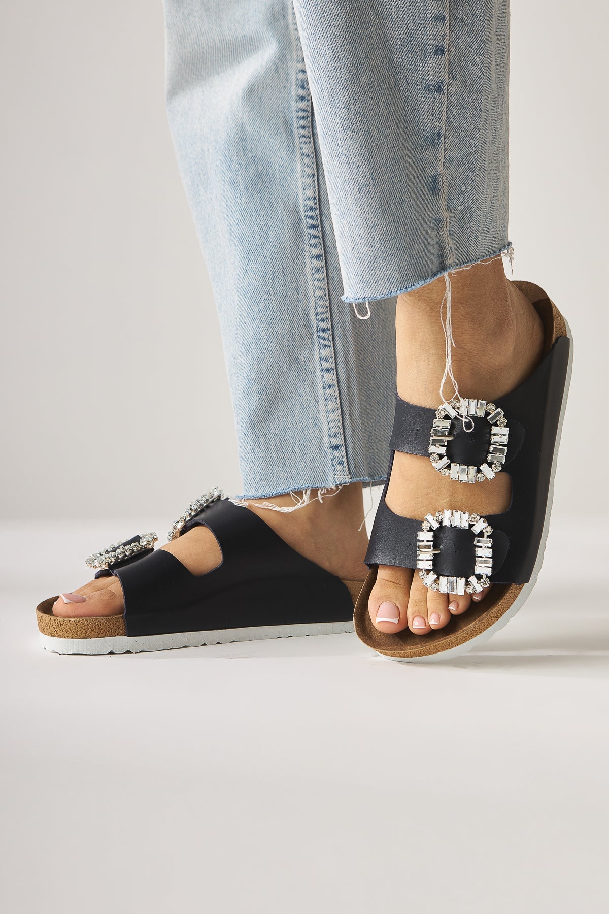 Brisa Navy Double Strap Embellished Buckle Detail Slippers