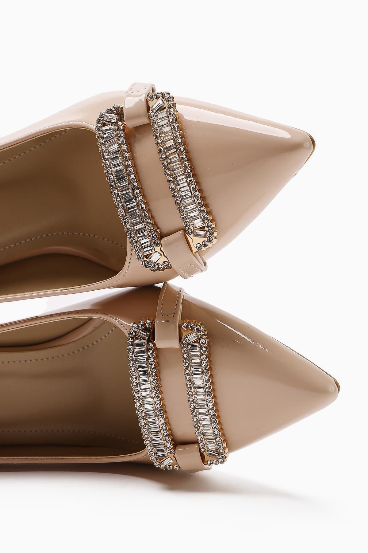 Ania Beige Patent Leather Pointed Toe Heels with Jewel Buckle Detail