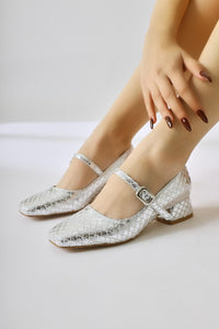 Abby Silver Fish Scale Textured Square Toe Buckle Detail Everyday Shoe