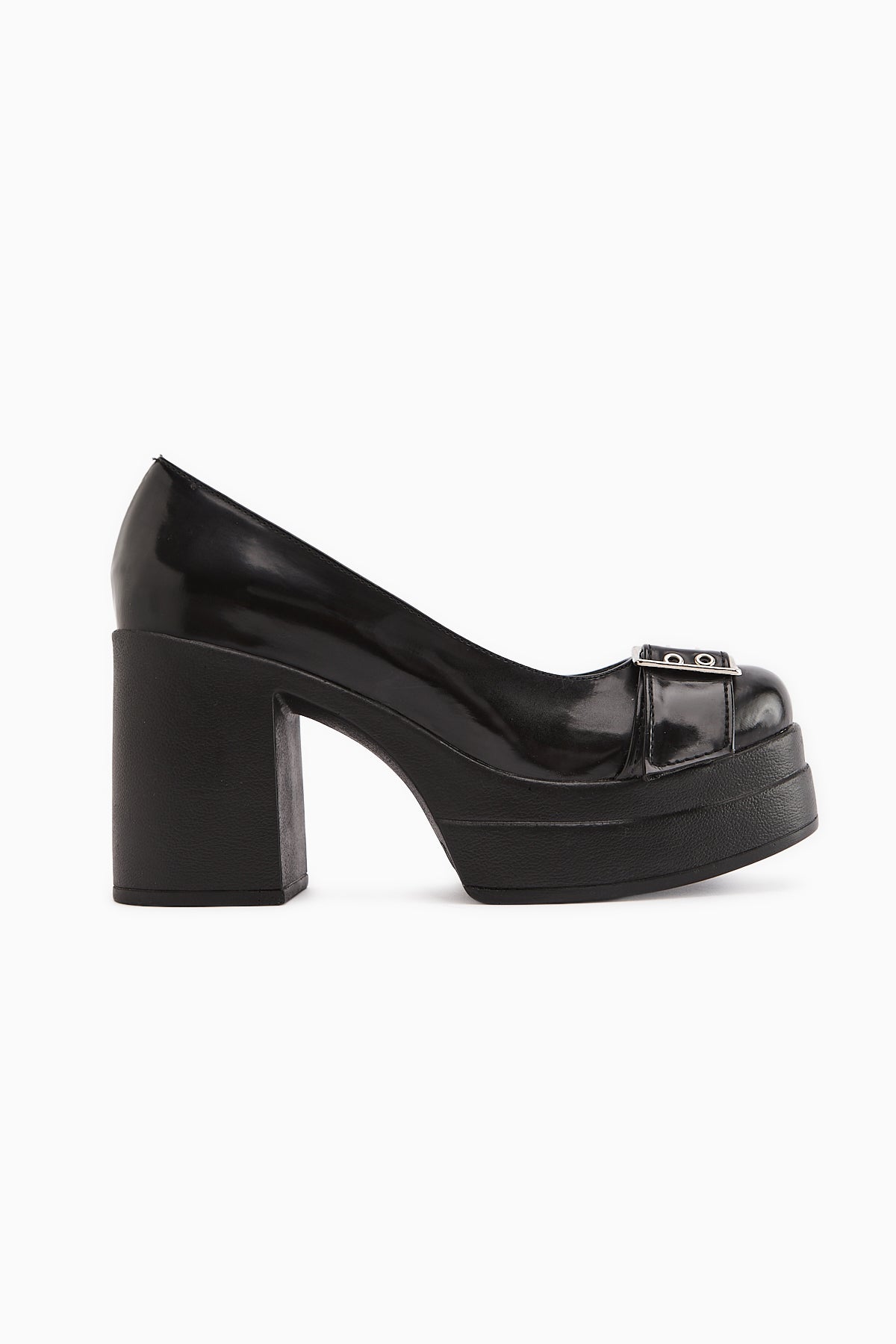 Salin Black Patent Belt Detailed Deep V Heeled Daily Shoes