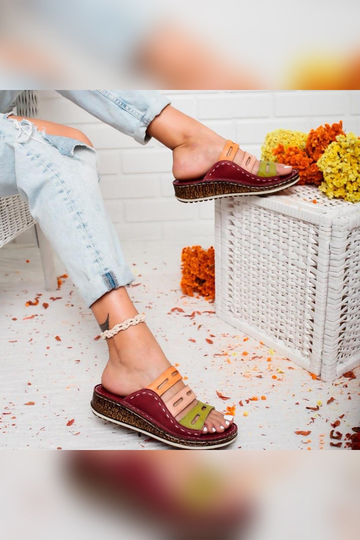 Joelle – Genuine Leather Burgundy Green Blush Orange Laser-Cut Slide