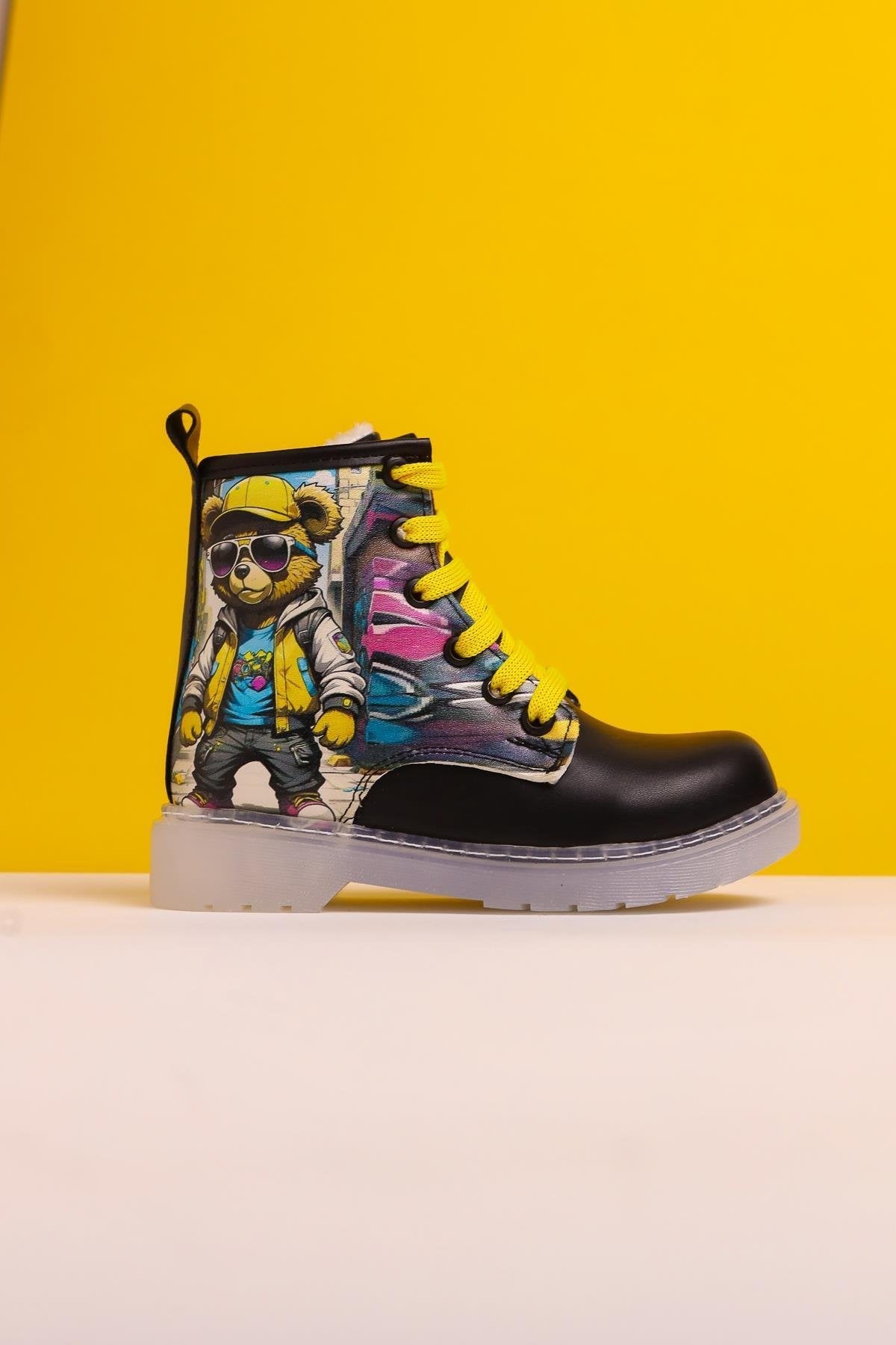 Denis Black Striped Character Print Lace-Up Kids' Boots