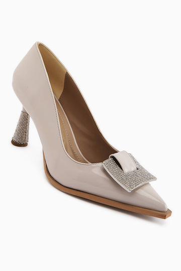 Merisa Beige Patent Leather Embellished Women's Stiletto Shoes