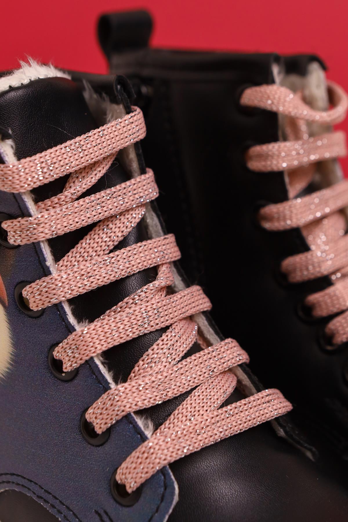 Liam Black Striped Character Print Lace-Up Kids' Boots