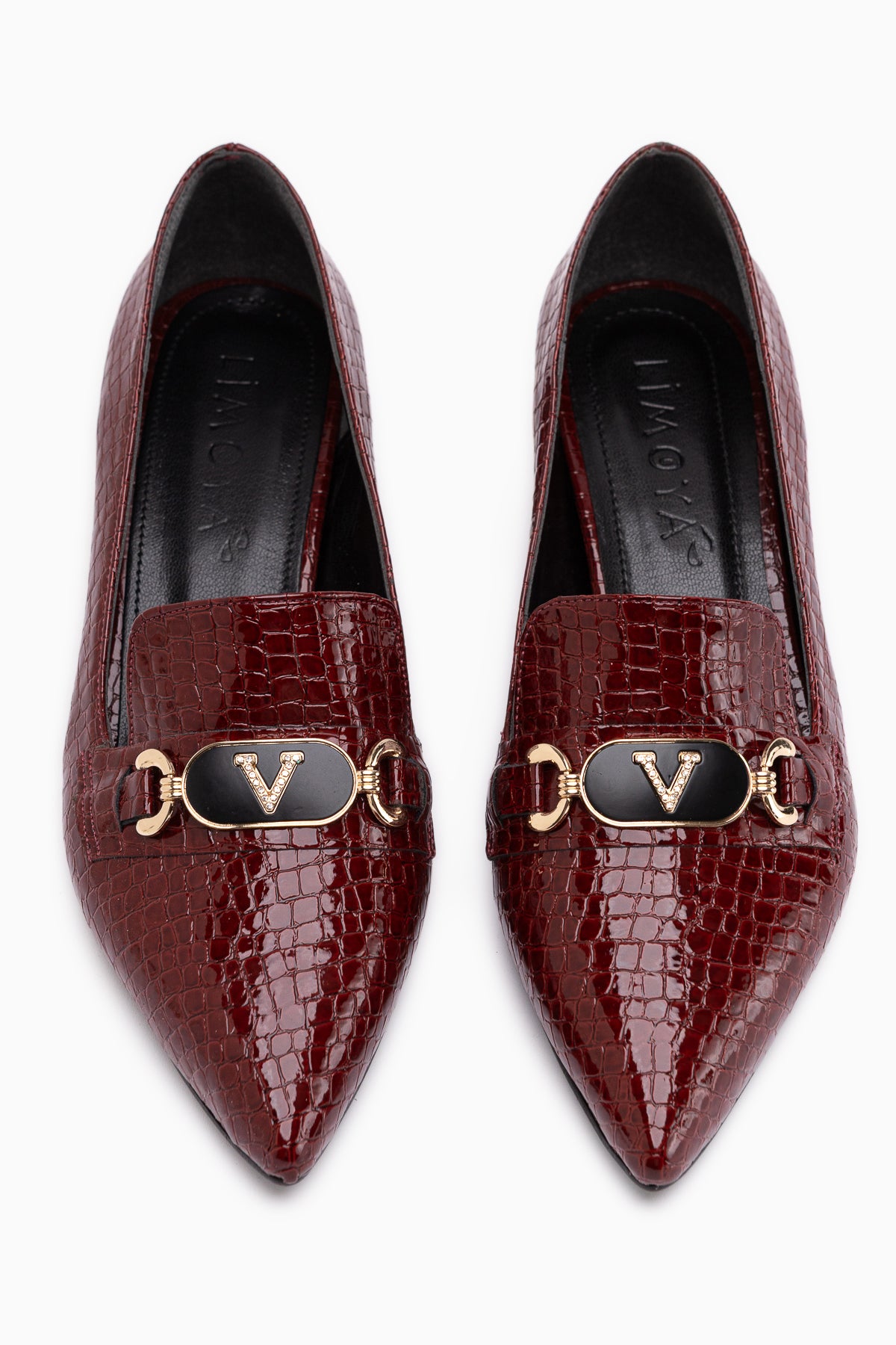 Jilan Burgundy Crocodile Print Leather Buckle Detailed Women’s Pointed Toe Shoes