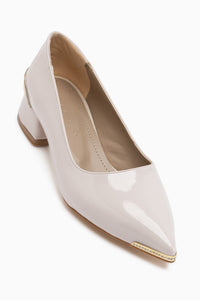 Alica Beige Patent Pointed Toe Short Heeled Women’s Shoes with Stone Details
