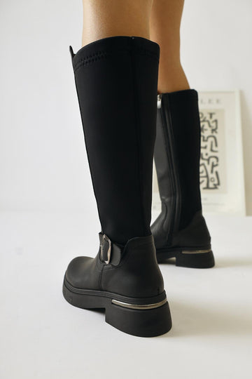 Faria Black Scuba Fabric Detail Buckled Chunky Sole Boot