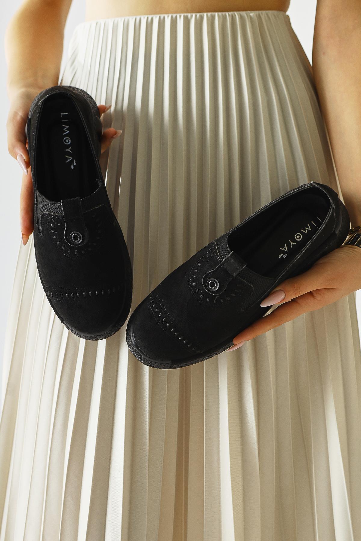 Bethina – Black Suede Rivet-Detail Laser-Cut Ballet Flat (Women)