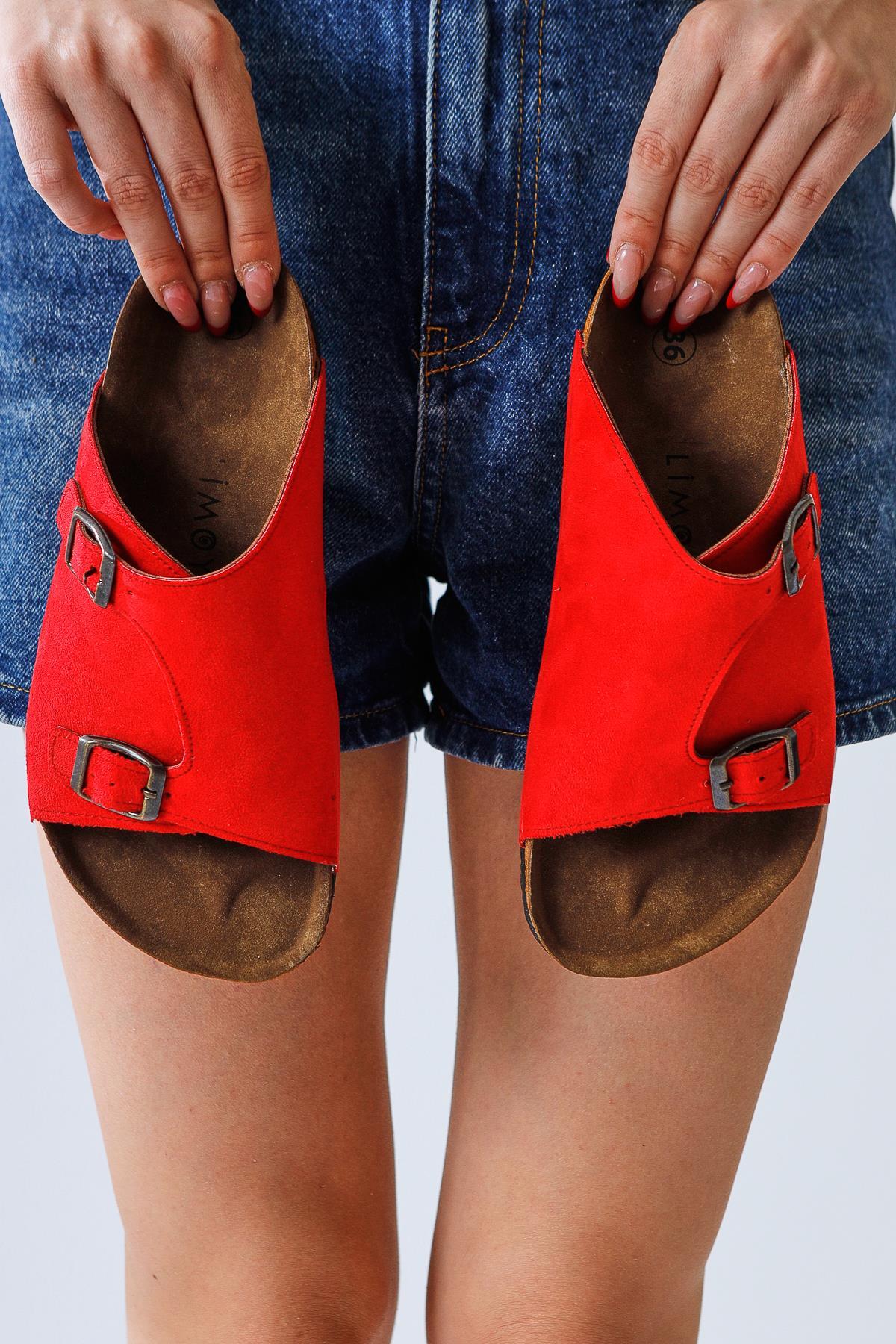 Christella Red Suede Slippers with Double Buckle Details