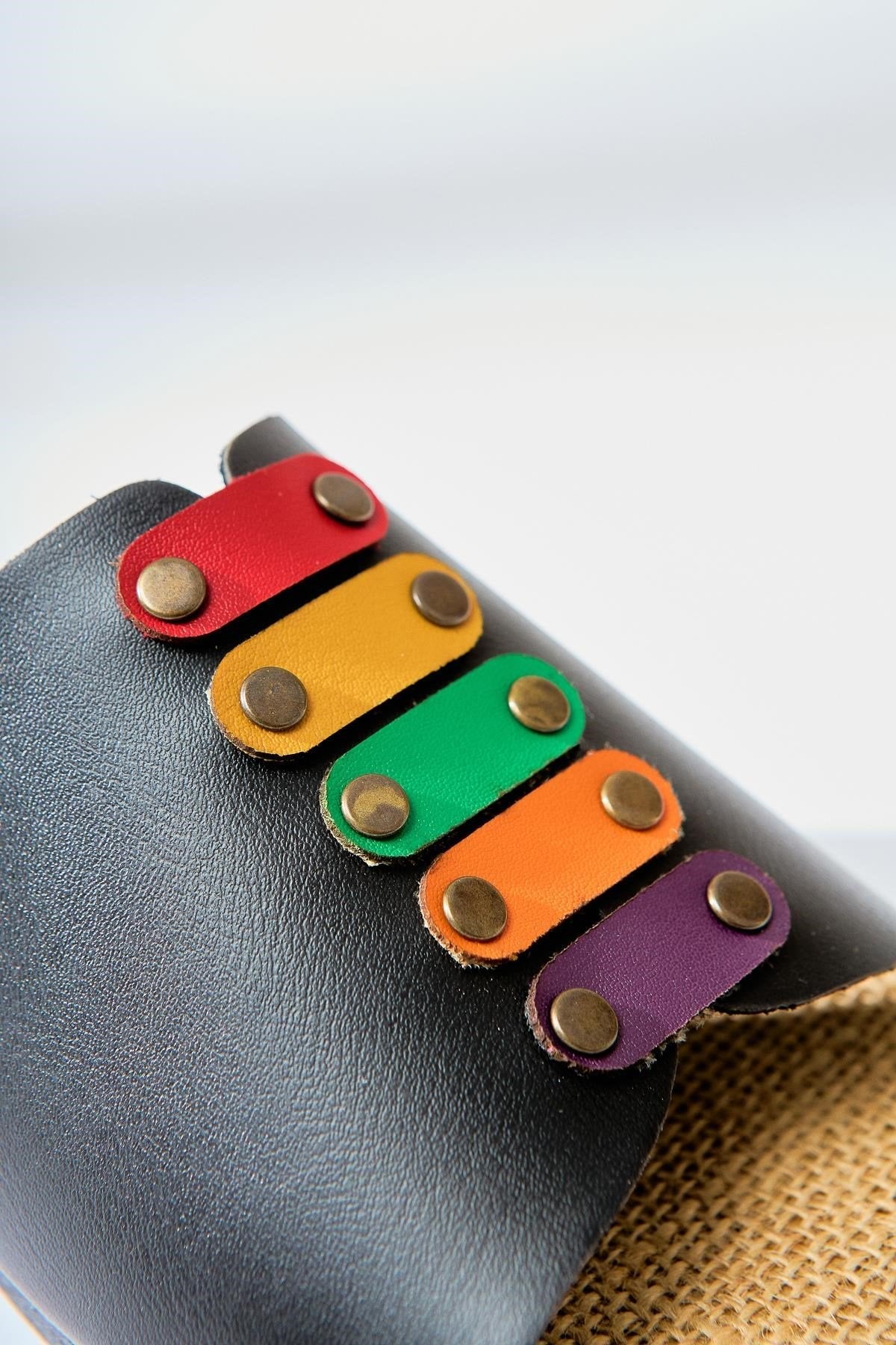 Nicola Genuine Leather Black Slide with Colorful Buckle and Straw Sole