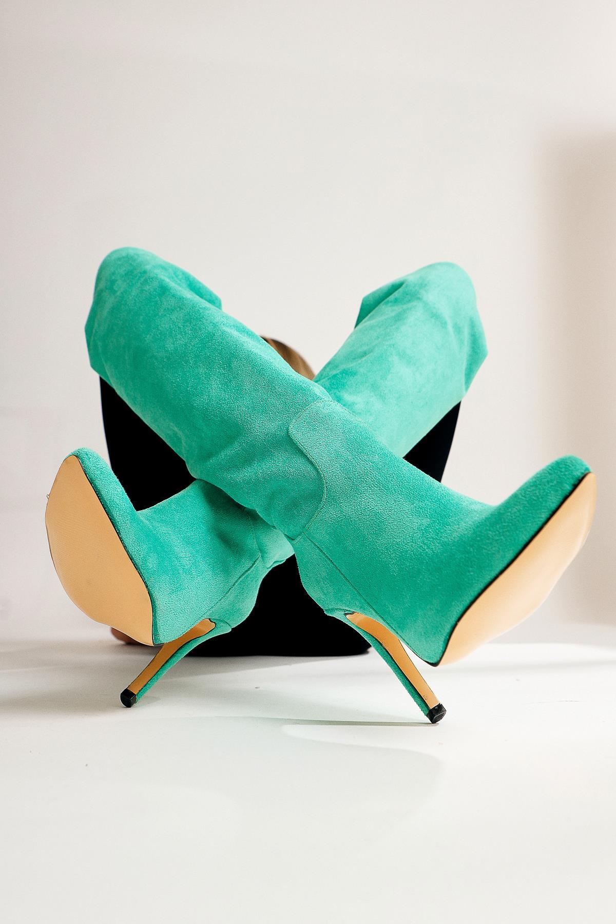 Nenya – Green Suede Pattern Pointed-Toe Slim Heel Over-The-Knee Boot (Women)