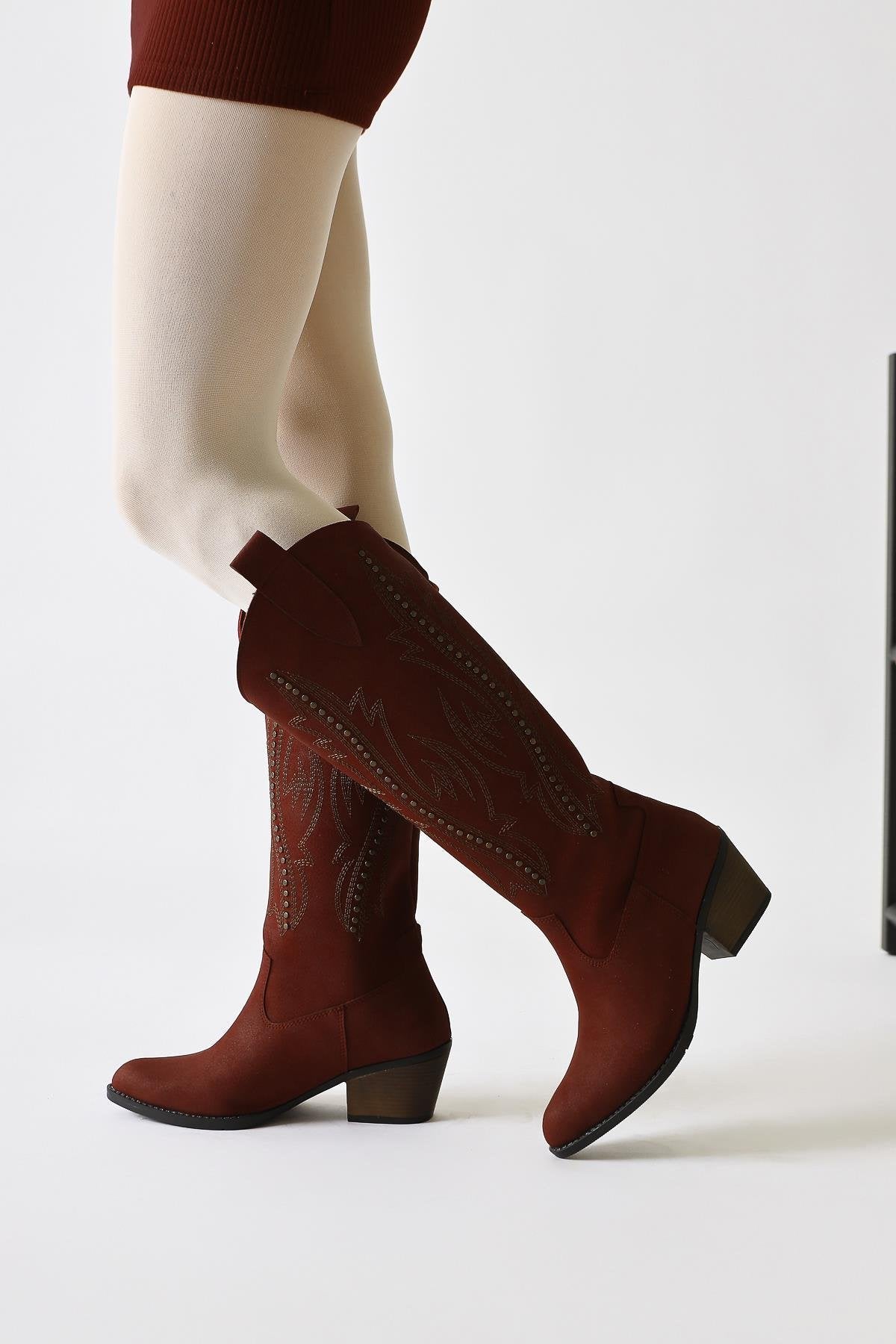 Fizaro Burgundy Pointed Toe with Embroidery and Stud Detail Western Boots