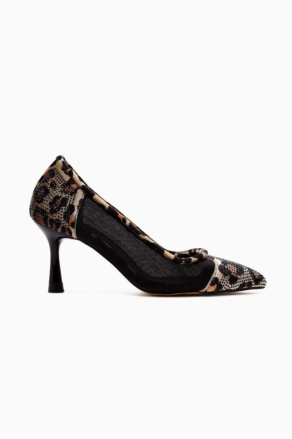Kalliopi Black Pointed Toe Leopard - Stone Detailed Women’s Heeled Shoes
