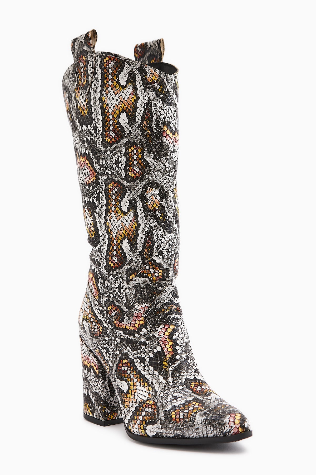 Keri Snake Print Asymmetrical Cut Women’s Short Heeled Boots