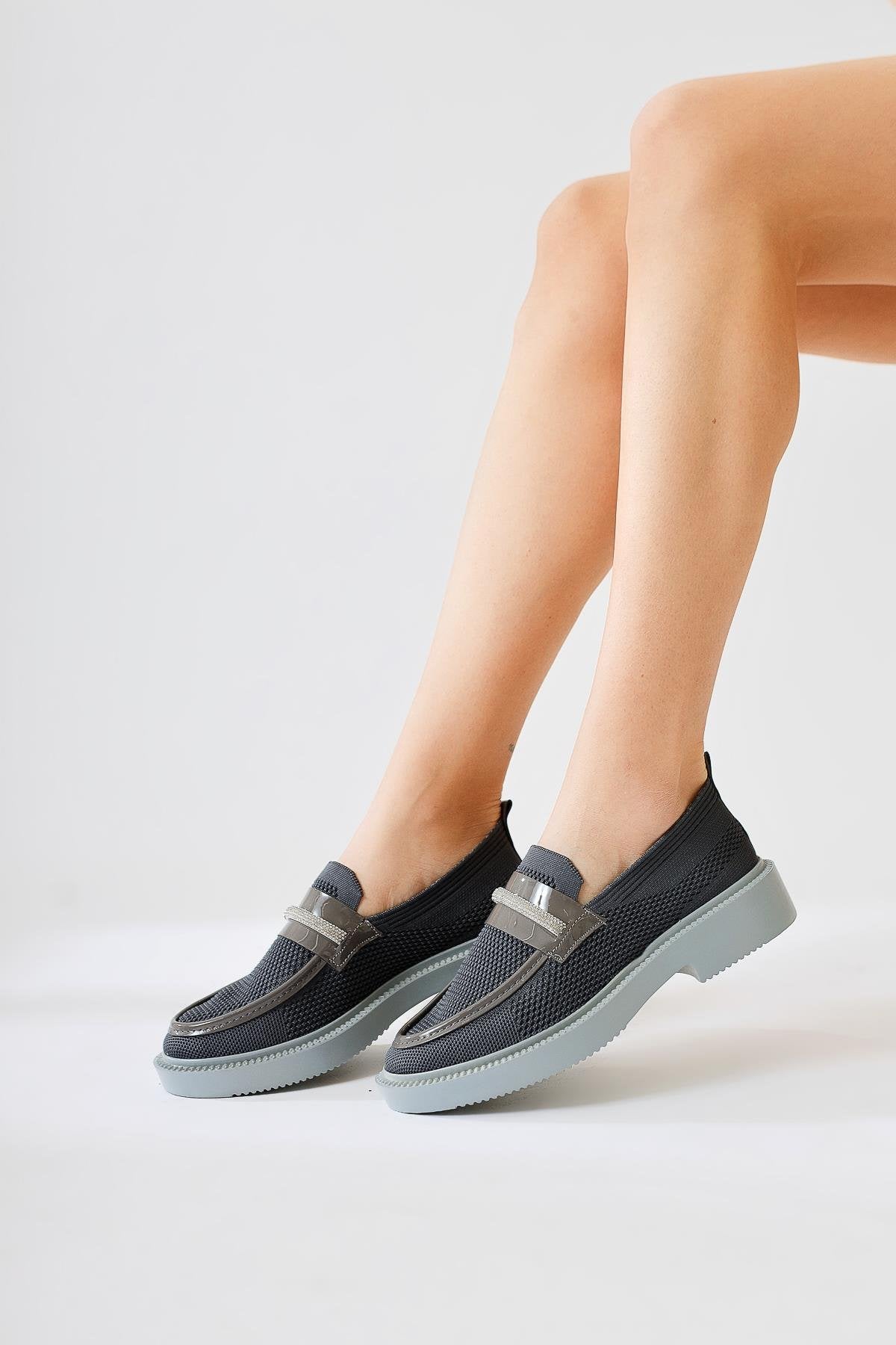 Micka Anthracite Woven Patent Detailed Stone Strap Casual Shoes