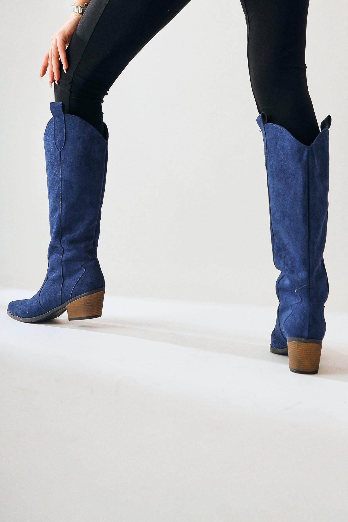 Lhena – Navy Suede Western Pull-On Knee-High Boot (Women)