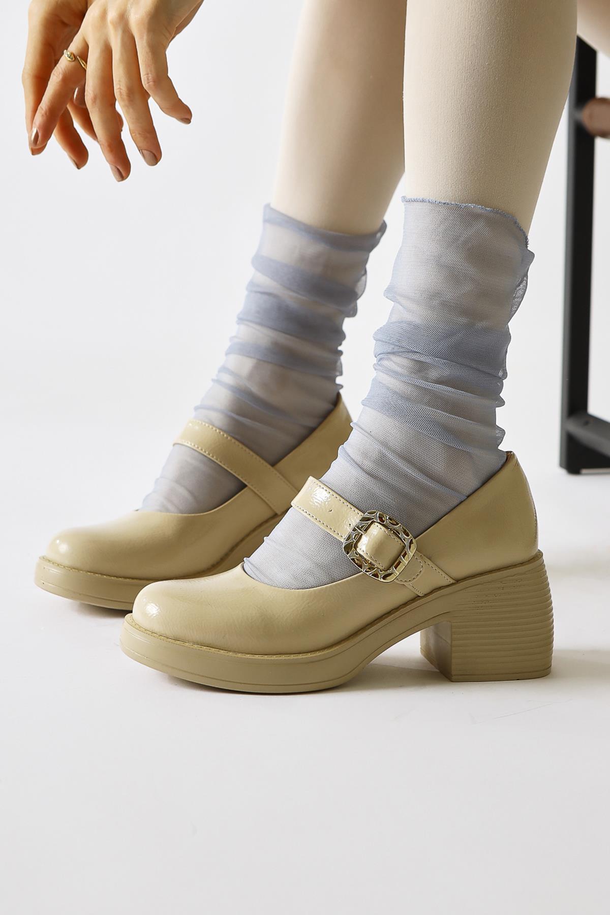 Jessi Beige Patent Single Strap Buckle Detail Oval Toe Casual Shoe