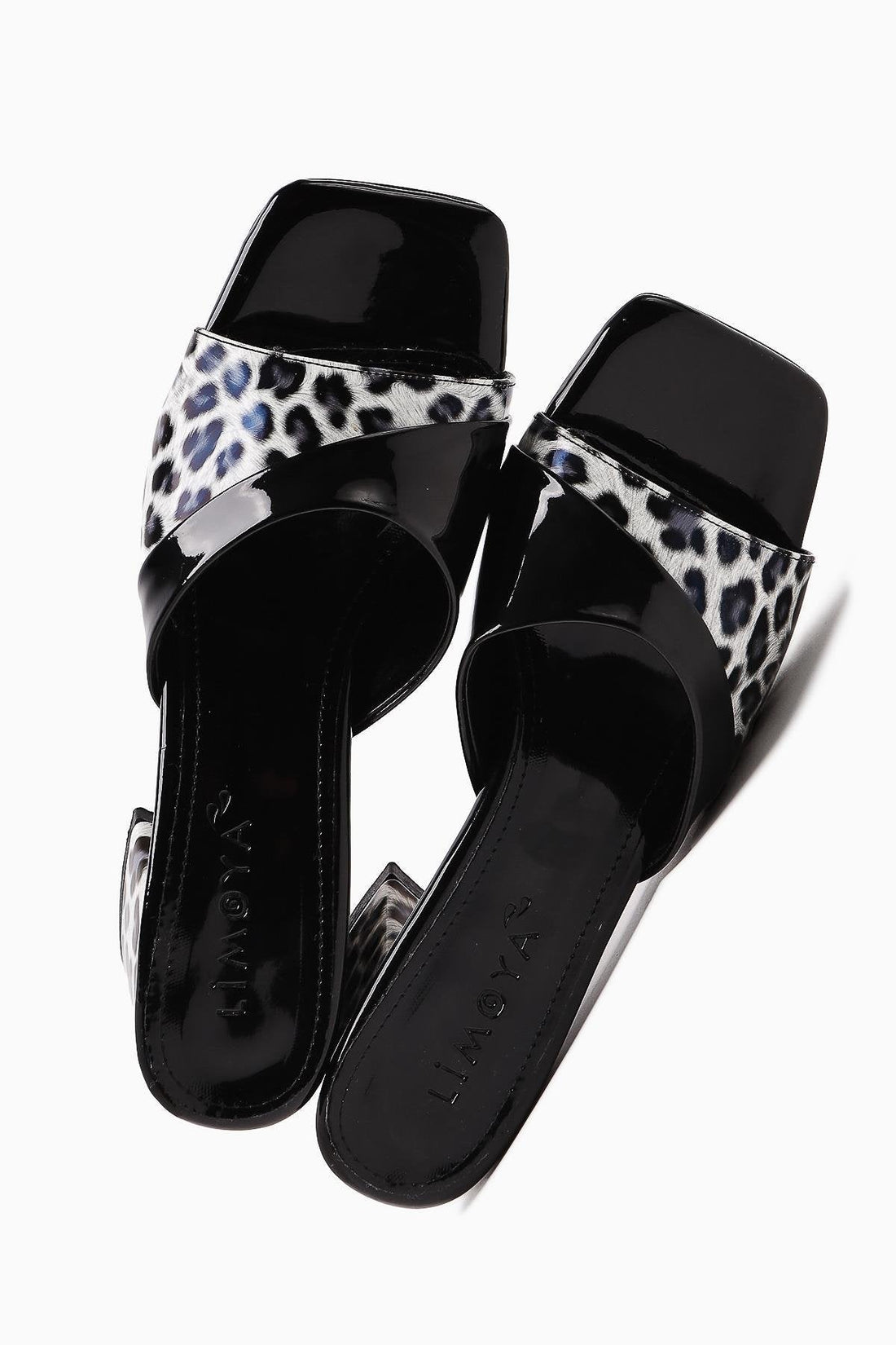 Morena Black Patent Leather Low Heeled Slipper with Leopard Detail