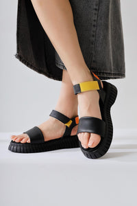 Jeny Black Thick Strap Velcro Comfort Sole Sandals