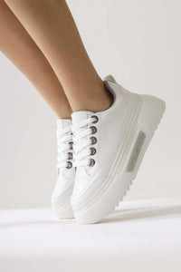 Rosella White Thick Soled Lace-Up Sneakers with Stone Detail